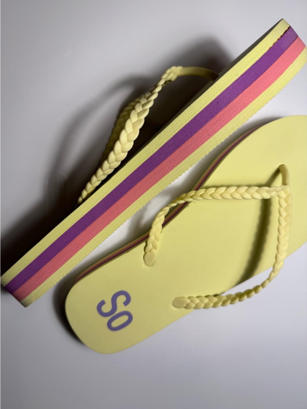 Yellow Flip Flops with Rainbow Striped Sole